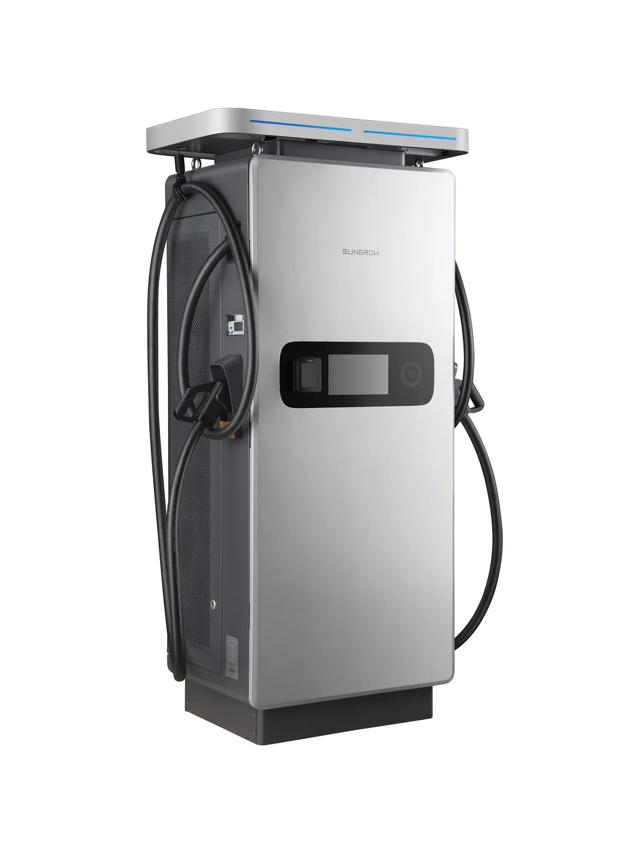 Sungrow IDC180E in Schrägansicht mit zwei Ladekabeln und Lichtleiste auf dem Dach
