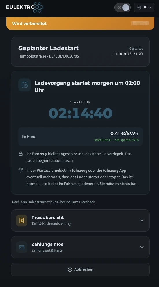 Bezahlseite auf dem Smartphone: geplanter Ladestart morgen um 02:00 Uhr mit Countdown und günstigerem Preis je kWh