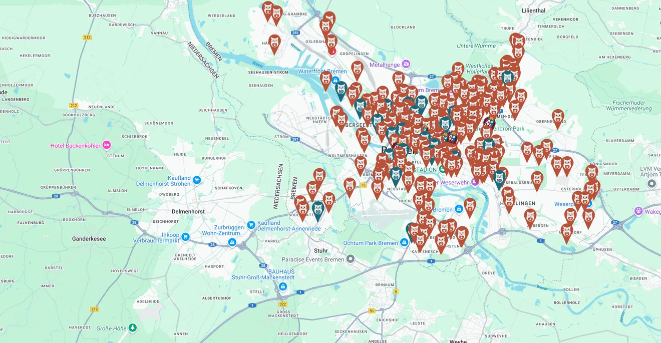 Karte mit den Eulektro-Ladepunkten in Bremen und Umgebung