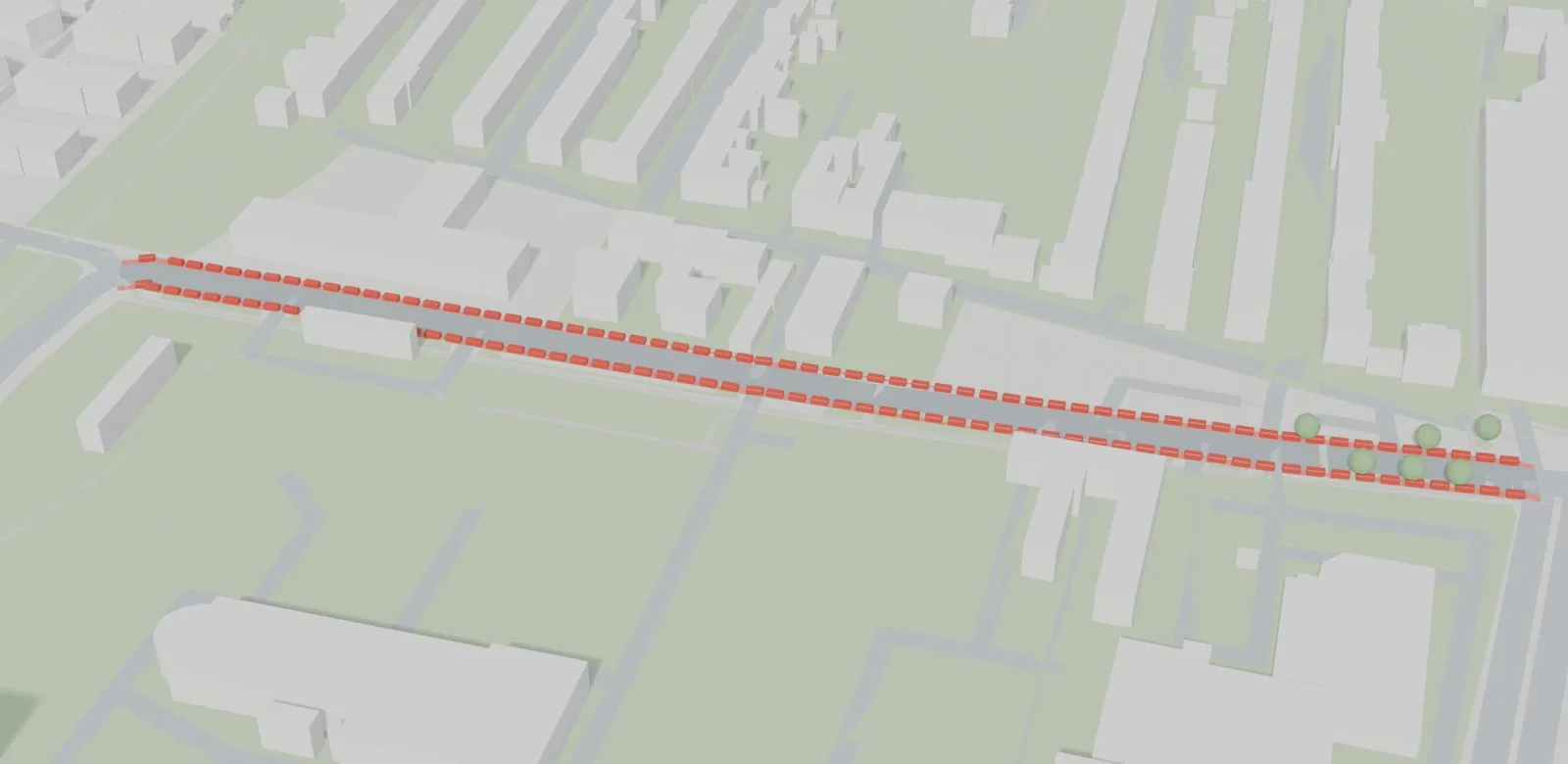 Stadtmodell einer 366 Meter langen Bremer Straße. Entlang beider Bordsteine stehen 126 rot markierte Autos, so viele Längsparkplätze würden wegfallen.