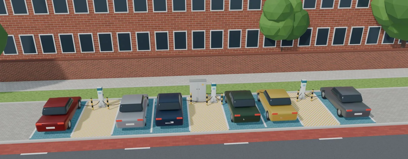 Variante B: drei Ladesäulen stehen mit Anfahrschutz auf eigenen Stellplätzen, auf dem mittleren zusätzlich die Zähleranschlusssäule. Drei Stellplätze sind gesperrt, sechs Autos laden.