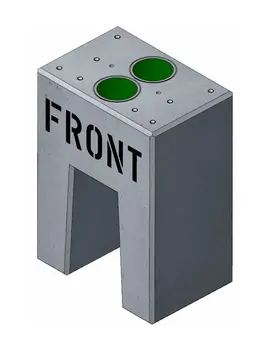 Fertigbetonfundament von Technagon für TEP4 HAK und TEW4 HAK: grauer Betonblock mit Aufschrift FRONT, zwei Leerrohröffnungen und Gewindehülsen auf der Oberseite