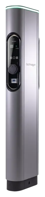 Technagon TEP4, AC-Ladesäule mit zwei Ladepunkten in der Gehäusefarbe DB701, Schrägansicht mit Display, Ladedose und LED-Topper
