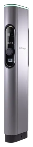 Technagon TEP4, AC-Ladesäule mit zwei Ladepunkten in der Gehäusefarbe DB701, Schrägansicht mit Display, Ladedose und LED-Topper