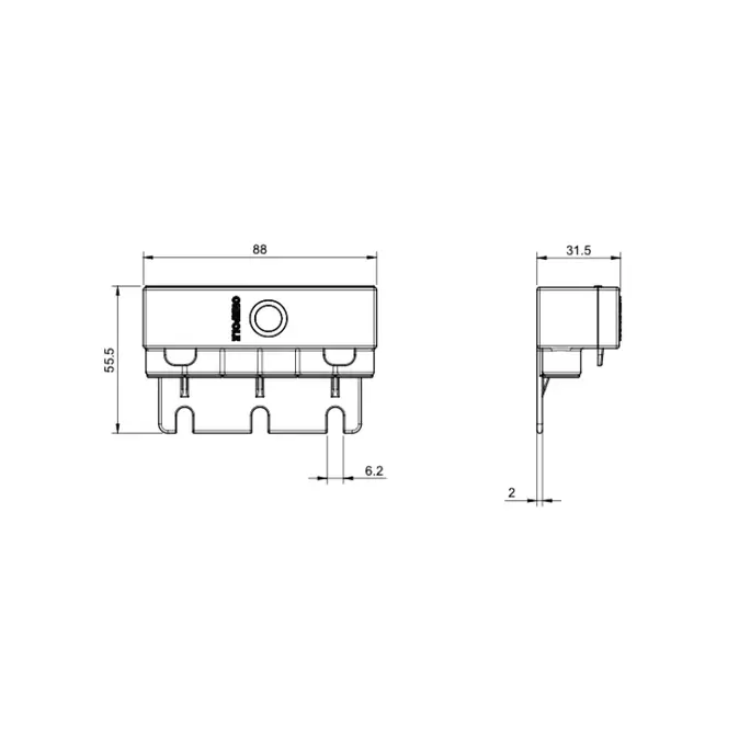 Maßzeichnung einer Klemme aus dem Connection Kit Class II in Vorder- und Seitenansicht: 88 mm breit, 55,5 mm hoch, 31,5 mm tief