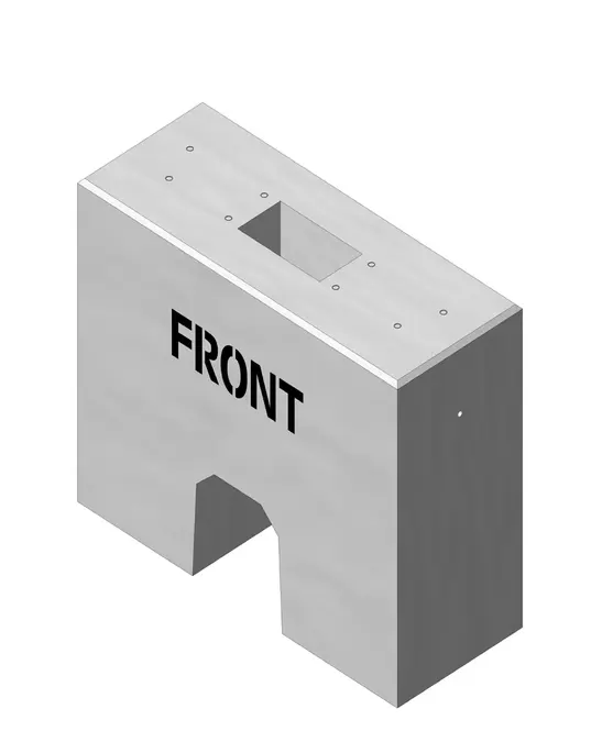 Fertigbetonfundament von Technagon für die TEP8: breiter grauer Betonblock mit Aufschrift FRONT, rechteckiger Kabeldurchführung und Gewindehülsen auf der Oberseite