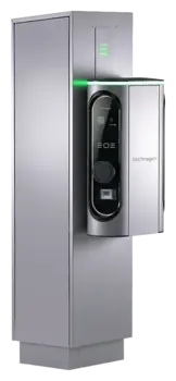 Technagon TEW4 HAK: Wallbox TEW4 an der Stele mit Hausanschlusskasten und Zählerschrank, Gehäusefarbe DB701