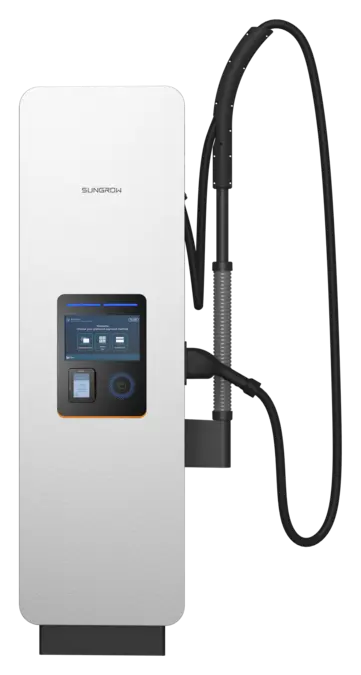 Flüssigkeitsgekühlter Dispenser (Satellitensäule) des Sungrow IDC480E mit einem Ladekabel, Vorderansicht