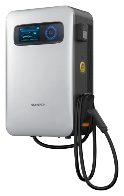 Sungrow IDC30R als Wallbox, Schrägansicht mit Touchdisplay, Not-Aus und CCS2-Ladekabel
