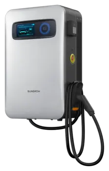 Sungrow IDC30R als Wallbox, Schrägansicht mit Touchdisplay, Not-Aus und CCS2-Ladekabel