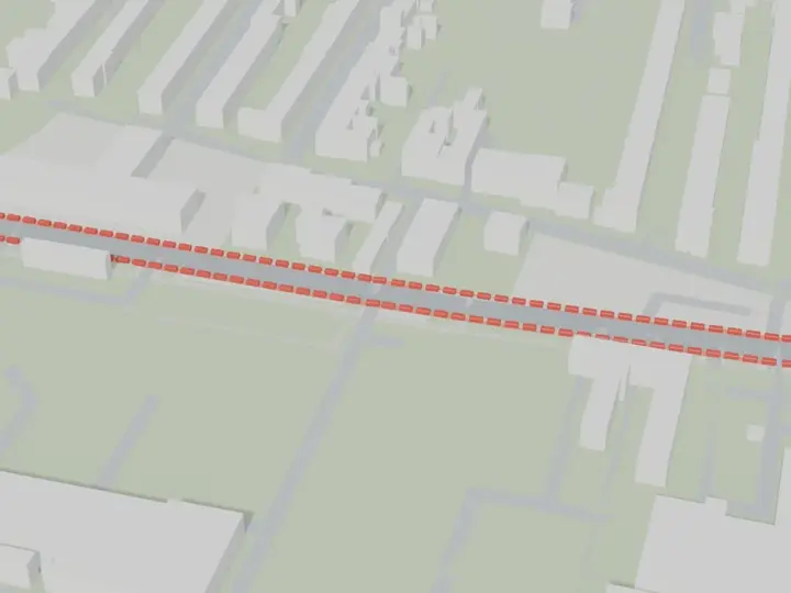 Stadtmodell einer 366 Meter langen Bremer Straße, entlang beider Bordsteine 126 rot markierte Autos