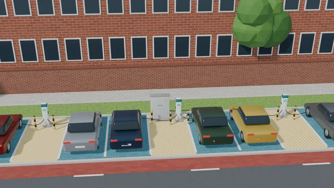 Schema: neun Stellplätze, drei davon mit Ladesäule und Anfahrschutz gesperrt, auf dem mittleren zusätzlich eine Zähleranschlusssäule, sechs Autos laden