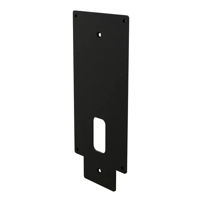 OnePole PRO Halterung für Zaptec Pro: schwarze Aluminiumplatte mit Bohrungen, Schrägansicht