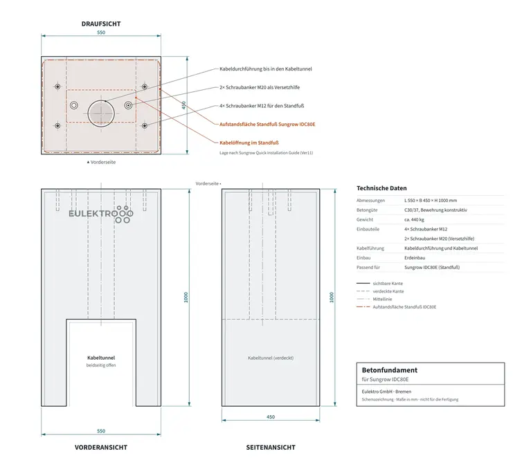 Schemazeichnung des Betonfundaments: Draufsicht mit Aufstandsfläche des IDC80E-Standfußes, Vorder- und Seitenansicht mit Außenmaßen 550 × 450 × 1000 mm und Eulektro-Logo