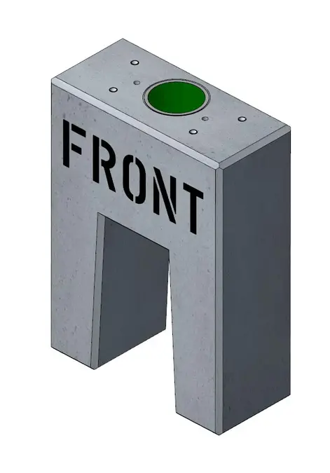 Fertigbetonfundament von Technagon für TEP4, TEW4 und TEW3: grauer Betonblock mit Aufschrift FRONT, Leerrohröffnung und Gewindehülsen auf der Oberseite
