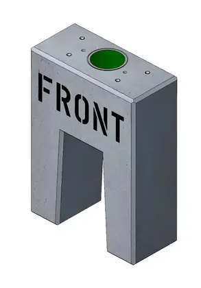 Fertigbetonfundament von Technagon für TEP4, TEW4 und TEW3: grauer Betonblock mit Aufschrift FRONT, Leerrohröffnung und Gewindehülsen auf der Oberseite