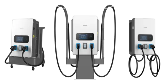 Sungrow IDC80E in drei Montagearten: auf einem Trolley, auf einer Standsäule mit Kabelmanagement und an der Wand