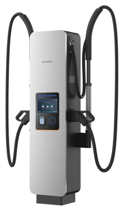 Luftgekühlter Dispenser des Sungrow IDC480E mit zwei CCS2-Ladekabeln am federunterstützten Kabelmanagement