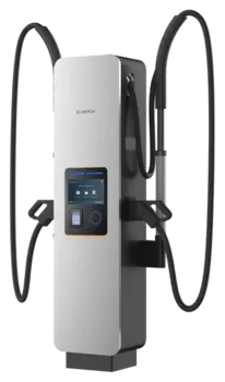 Luftgekühlter Dispenser des Sungrow IDC480E mit zwei CCS2-Ladekabeln am federunterstützten Kabelmanagement