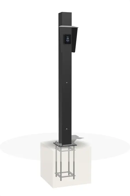 OnePole-Stele PRO 1500 DIN mit Payter Apollo Kartenterminal auf der Halterung für Bezahlterminals, 3D-Ansicht