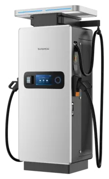 Sungrow IDC180E, Schrägansicht mit Kabelarm und zwei Ladekabeln
