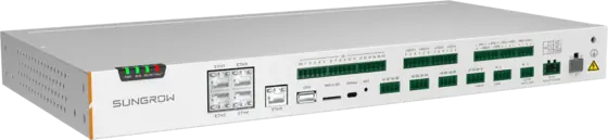Sungrow EMS300CP Site-Controller: flaches graues 19-Zoll-Gerät mit Status-LEDs, Ethernet-Buchsen und grünen Steckklemmen für RS485 und digitale Ein- und Ausgänge