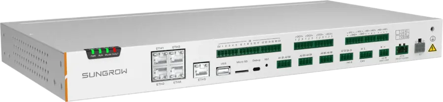 Sungrow EMS300CP Site-Controller: flaches graues 19-Zoll-Gerät mit Status-LEDs, Ethernet-Buchsen und grünen Steckklemmen für RS485 und digitale Ein- und Ausgänge