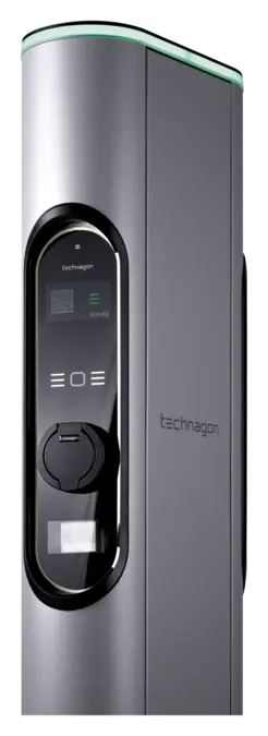 Nahansicht des Technagon-Lademoduls an der TEP4 mit 4,3-Zoll-Farbdisplay, Ladedose und Sichtfenster für den Zähler