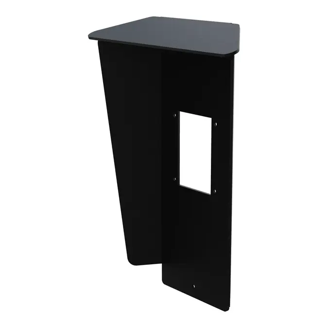 OnePole PRO Halterung für Bezahlterminals: schwarzes Aluminiumgehäuse mit Dach und Ausschnitt, Schrägansicht