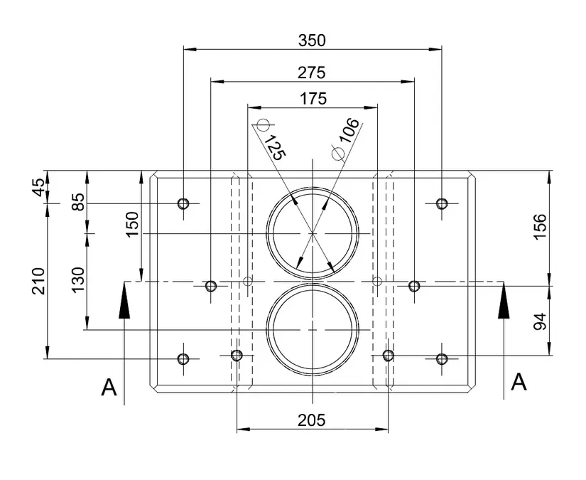 Maßzeichnung des Technagon-Fertigbetonfundaments für TEP4 HAK und TEW4 HAK in der Draufsicht mit zwei Leerrohren Durchmesser 125 mm und Lochabständen 350, 275, 205 und 175 mm