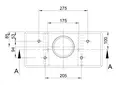 Maßzeichnung des Technagon-Fertigbetonfundaments in der Draufsicht mit Lochabständen 275, 205 und 175 mm und Leerrohröffnung