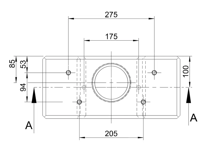 Maßzeichnung des Technagon-Fertigbetonfundaments in der Draufsicht mit Lochabständen 275, 205 und 175 mm und Leerrohröffnung