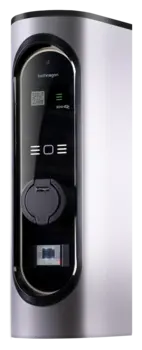 Technagon TEW3, AC-Wallbox mit einem Ladepunkt, Gehäusefarbe DB701, Schrägansicht mit Display, Ladedose und RFID-Leser