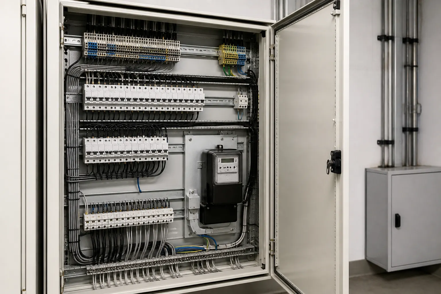 Geöffnete Elektroverteilung mit Reihenklemmen und Leitungsschutzschaltern