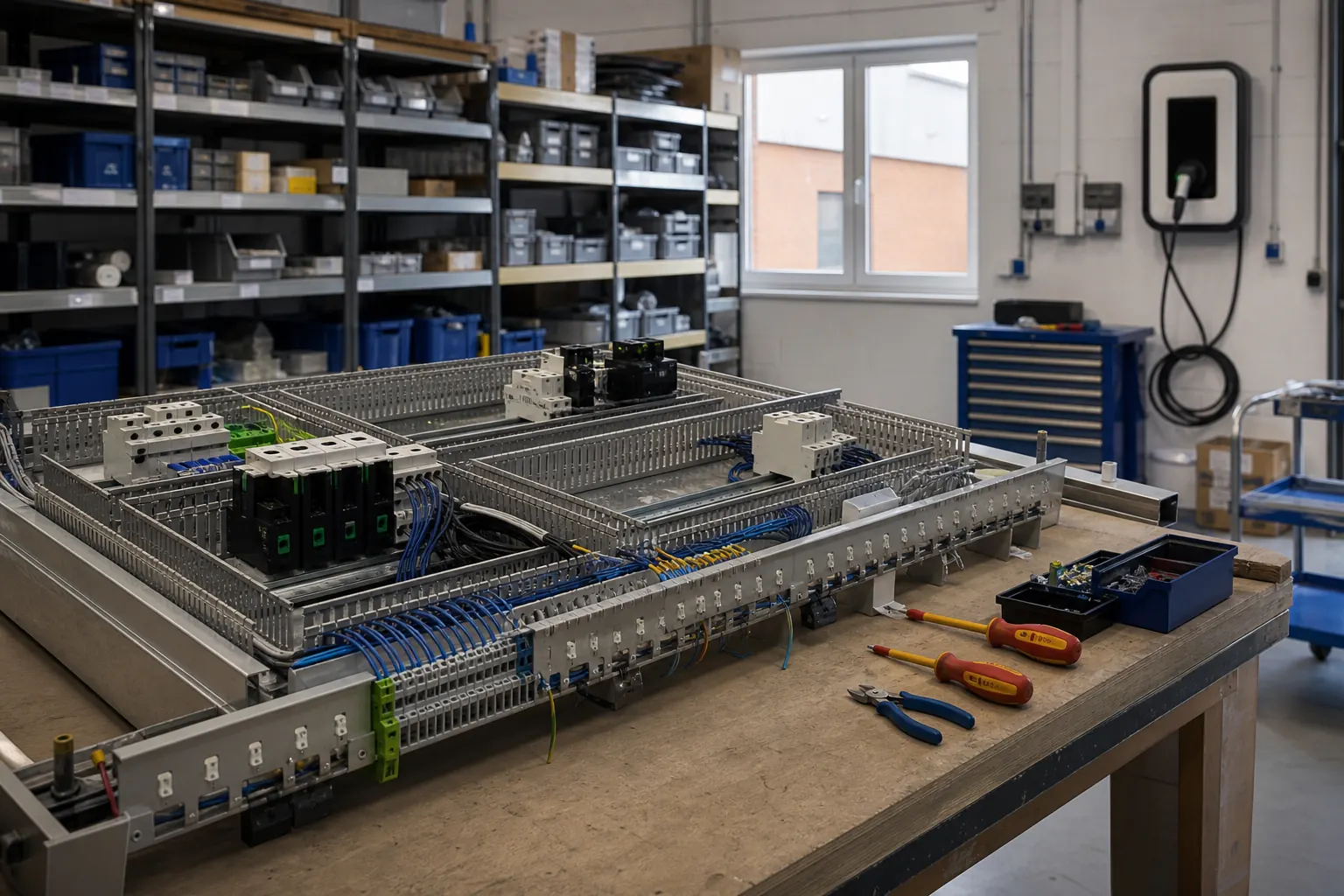 Elektro-Werkstatt mit einem halbfertig verdrahteten Verteilerbau auf der Werkbank