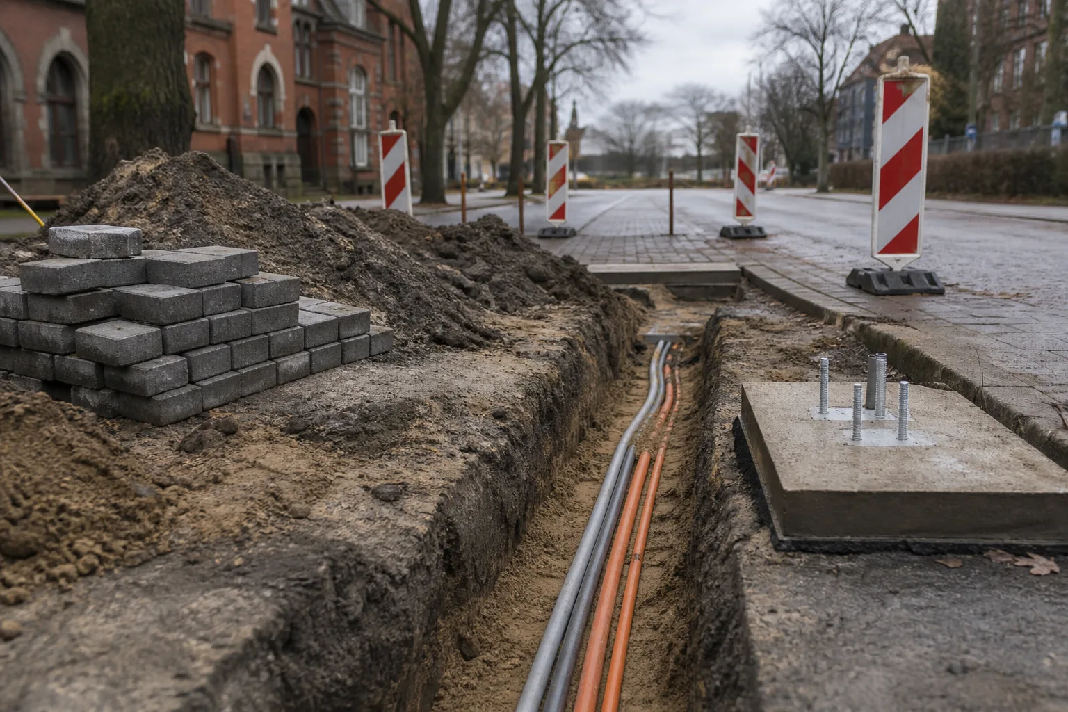 Offener Kabelgraben mit Leerrohren an einem Parkstreifen, daneben ein gesetztes Betonfundament