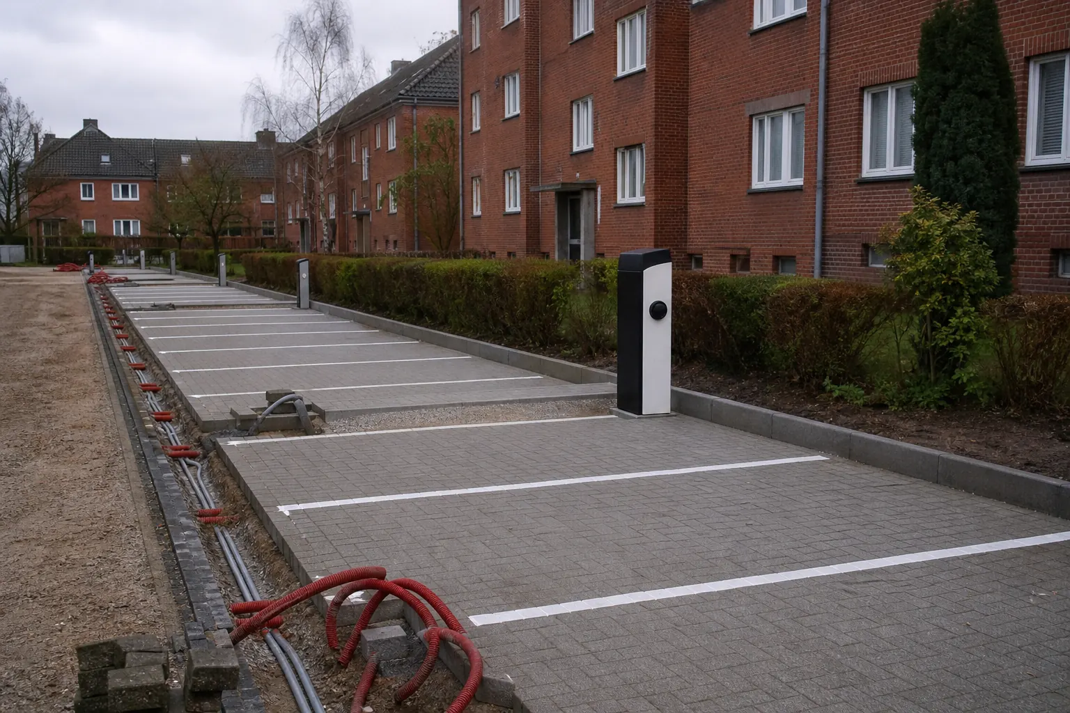 Mieterparkplatz mit verlegten Leerrohren entlang vorbereiteter Stellplätze, eine Ladesäule bereits gesetzt